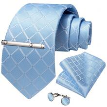 Light Blue & White Plaid Men's Tie 4-Piece Set With Pocket Square, Cufflinks, Silver Tie Clip, Evening Party Accessories - Baby Blue - View 2