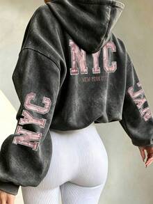 Women's Vintage-Style Raw-Edge Hoodie Featuring "NYC" Lettering And American Collegiate Aesthetics, With Prints On The Back And Sleeves. - Black - View 4