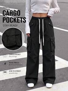 Women's Autumn/Winter Cargo Joggers With 3D Large Side Pockets, Elastic Waist Drawstring, Loose Fit, Breathable, Tear-Resistant, Multi-Pocket Outdoor Sports Long Pants - Black - View 1