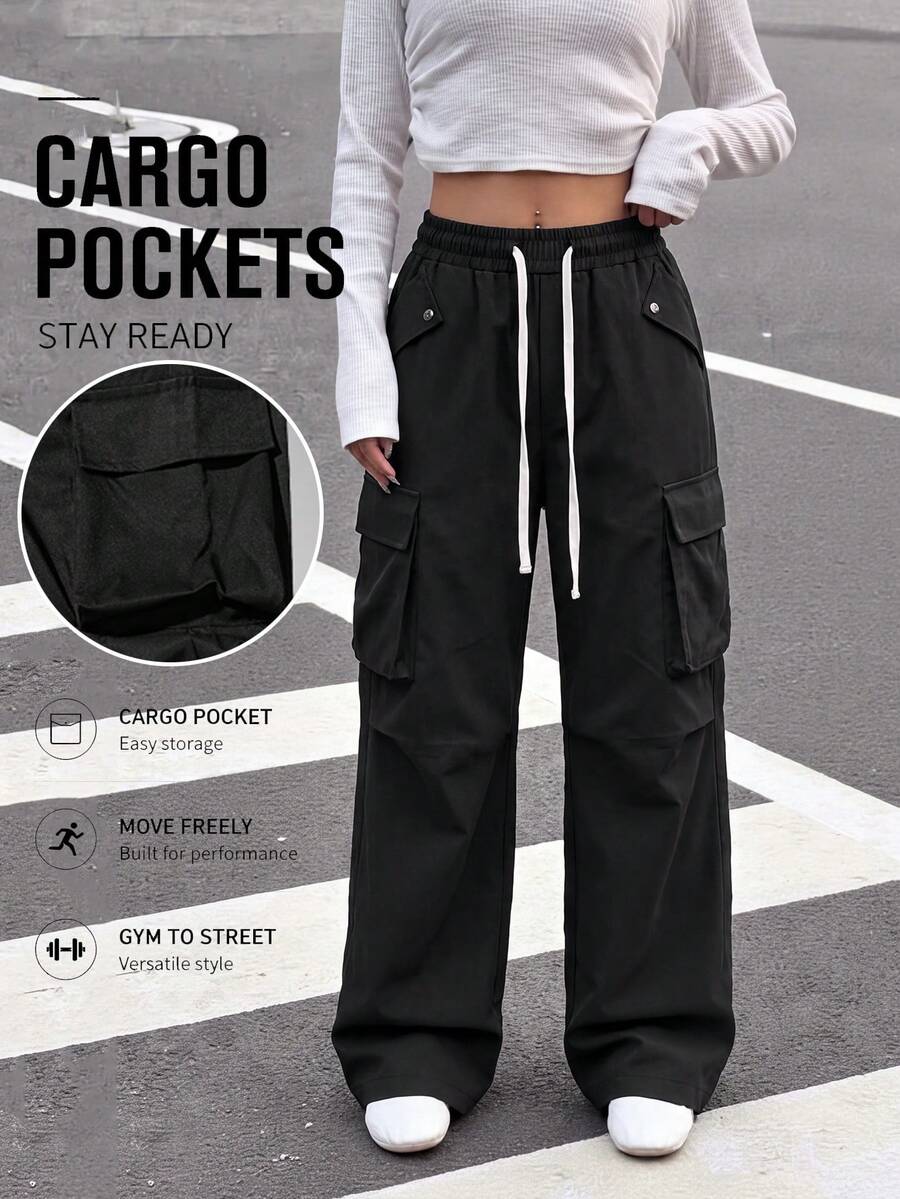 Women's Autumn/Winter Cargo Joggers With 3D Large Side Pockets, Elastic Waist Drawstring, Loose Fit, Breathable, Tear-Resistant, Multi-Pocket Outdoor Sports Long Pants - Black - View 1