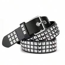 1pc Men's Solid Color Punk Belt With Sequins, Rivet Sequin Rock Fashion Belt For Men And Women - Black - View 3