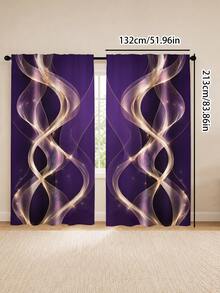 2pcs, Polyester Material, Deep Purple Dreamy Gold Curved Pattern Printed, Light Filtering Curtains, Suitable For Bedroom, Living Room, Office And Home Decor, Rod Pocket Design, Suitable For Rod Installation - Multicolor - View 15