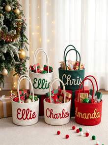 Personalized Custom Name Christmas Gift Basket, Handheld Candy Storage Basket, Decorative Basket For Bedroom Living Room, Ideal Christmas Gift & Holiday Party Decoration - Multicolor - View 3