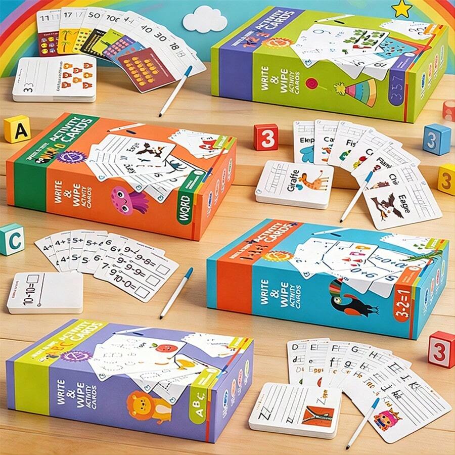 Erasable Activity Cards For Children, Reusable Math Flashcards And Writing Practice Cards, Suitable For Preschool Learning Toys, Children's Educational Puzzle Cards, Letter And Number Practice, Cognitive Learning Toys, Kindergarten Toys - Multicolor - View 1