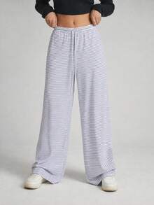Women's Striped Wide Leg Pants, Blue And White Striped Drawstring Elastic Waistband, Casual Loose Straight Leg Long Pants - Blue - View 9