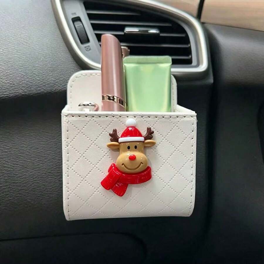 Christmas Car Air Vent Storage Bag, Rhombus Leather Car Air Conditioner Vent Storage Box, Phone & Miscellaneous Items Organizer, Snowman, Santa Claus, Reindeer Car Interior Storage Box - Christmas - View 1