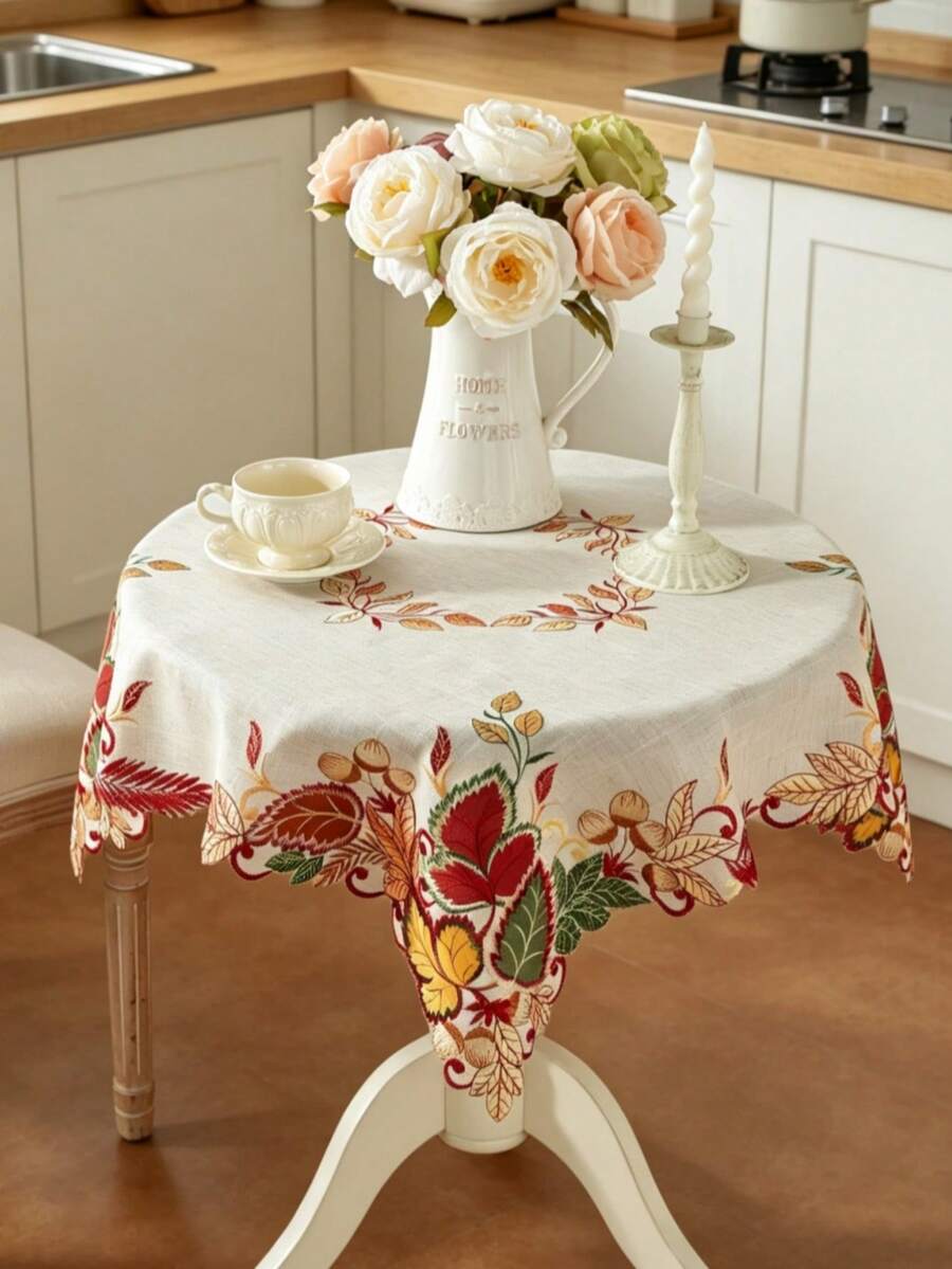 1PC 100% Polyester Fall Maple Leaf Acorn Embroidered Table Runner, Cutwork Applique Autumn Harvest Table Scarf For Thanksgiving Dining Table Home Festival Decor - Multicolor - View 1