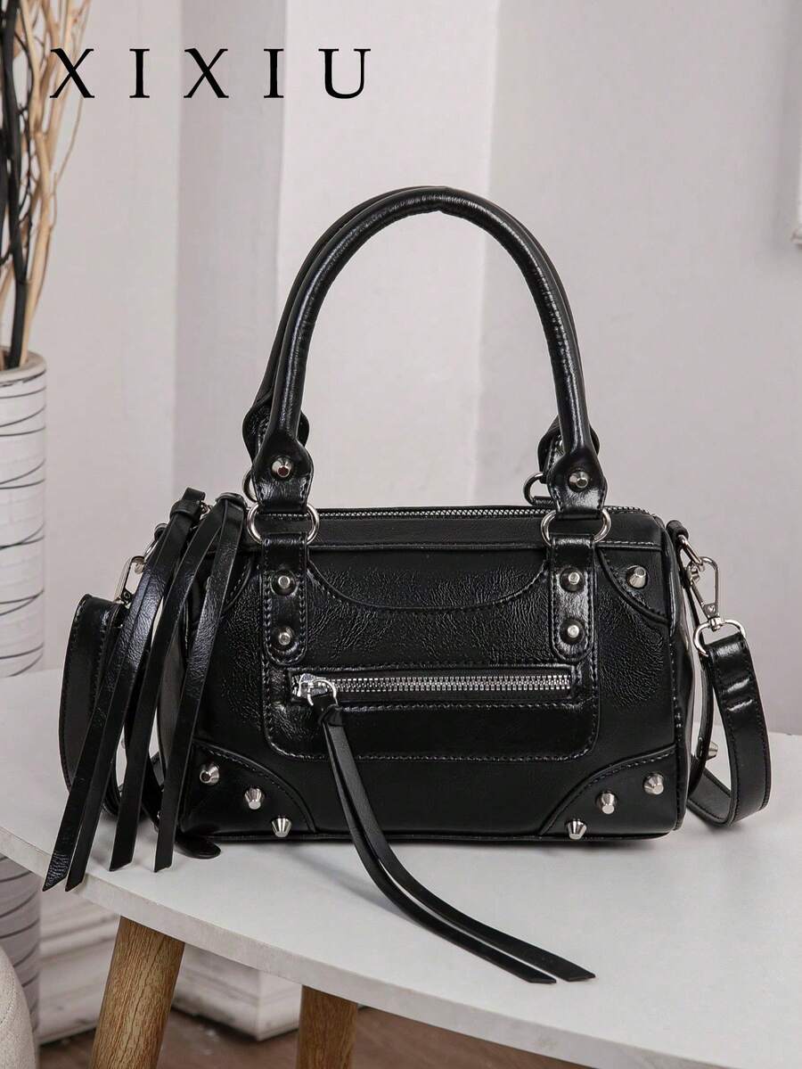 1 pc Tas Motor Gaya Retro Keren dengan Patchwork dan Rivet Logam, Tali Strap Ganda yang Dapat Disesuaikan, Tas Tangan Wanita, Tas Selempang Wanita untuk Jalan-jalan dan Belanja - Hitam - View 1