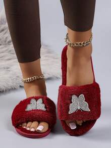 Vintage Burgundy Plush House Slippers, Full Fur With Rhinestone Butterfly Decor, Open Toe Flat Design, Women's Autumn/Winter Indoor Casual Warm Home Fuzzy Slides - Red - View 3