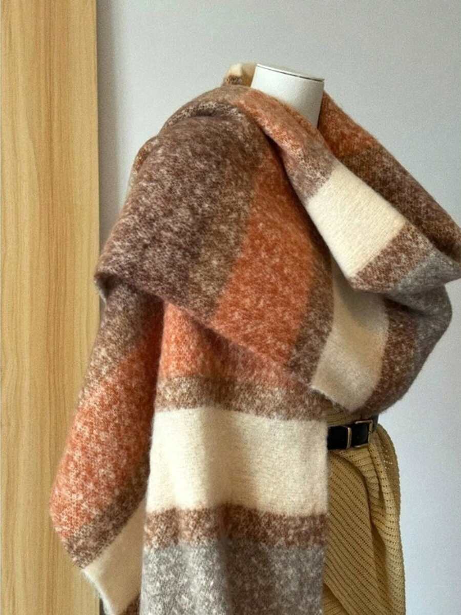 1pc British Style Caramel Plaid Scarf Winter New Mohair Warm Neck Warmer Shawl - Rust - View 1