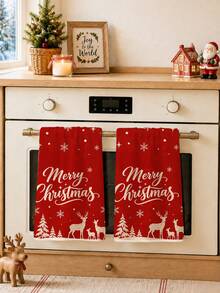 2pcs Christmas Simple Red Forest Reindeer Illustration Merry Christmas Pattern Kitchen Towels, Soft Polyester Material Dish Cloths, Suitable For Kitchen Decor, Kitchen Cleaning, Holiday Party Decoration, Kitchen Bathroom Supplies Home Essentials, Home Decor, Housewarming Gift - Multicolor - View 6
