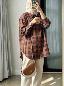 Autumn Women Long Sleeve Plaid Blouse Oversized Button Front Regular Hem Modest Top With Shirt Collar - Brown - View 7