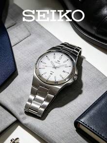 Men's Seiko Quartz Sports Watch Embossed‑Textured White Dial Single‑Date Window Polished‑Brushed Stainless Steel Bracelet Minimal Sports Watch - White - View 4