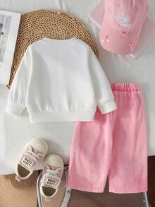 2pcs Baby Girl Sweet Cool Street Style 3D Bow Long Sleeve Sweatshirt & Denim Pants Set, Thin Spring/Autumn - White - View 3
