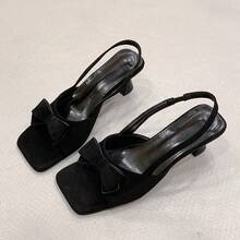 Women's Summer Black Bow High Heel Sandals With Single Strap, Kitten Heel, Fabric Back Slingback, Open Toe Square Toe Outdoor Wear Slides - Black - View 9