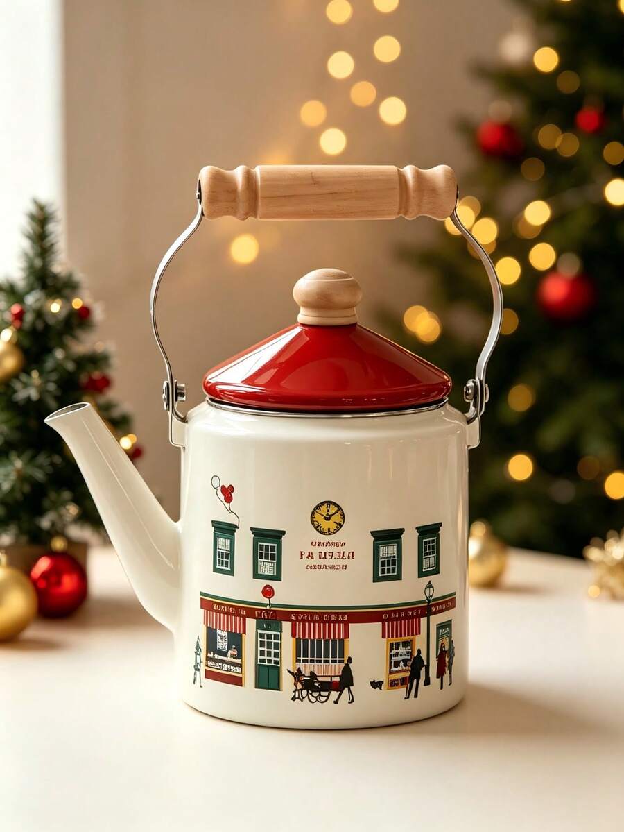 Christmas Theme Multicolor Printed Straight Kettle, Red Lid Wooden Handle Design, Large Capacity Heat-Resistant Kettle, Christmas Tabletop Decor, Holiday Table Decoration, Christmas Housewarming Birthday Home Kitchen Gift - Multicolor - View 1