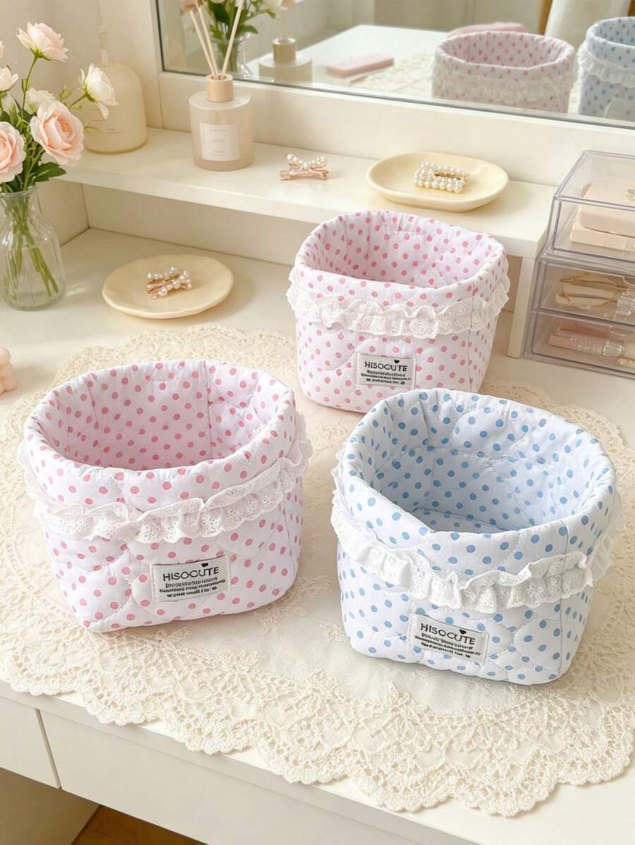 1pc Cute Polka Dot Storage Basket Quilted Drawstring Makeup Bag Lace Decor Cosmetic Organizer Bucket Desktop Items Storage Bag Folding Small Basket - Multicolor - View 1