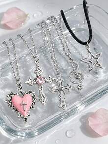 5pcs Gothic Style Pendant Necklace Set, Rhinestone Heart Cross Star Music Note Symbols, Women's Personalized Accessories - Multicolor - View 6