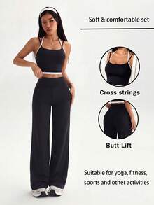 2pcs Women's Contrast Color Criss-Cross Strap Tank Top And High Waist Sports Pants Set, Backless Gym Training Workout Set, Suitable For Yoga, Fitness, Running, Hiking - Black and White - View 1