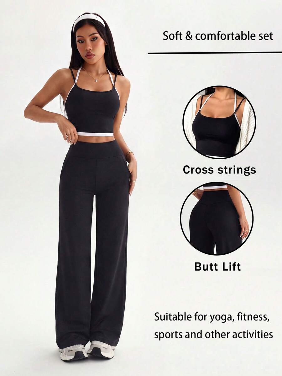 2pcs Women's Contrast Color Criss-Cross Strap Tank Top And High Waist Sports Pants Set, Backless Gym Training Workout Set, Suitable For Yoga, Fitness, Running, Hiking - Black and White - View 1