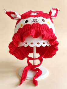 0-2 Years Old Baby Girl Knitted Hat, Cute Bow Rabbit Ears Ruffle Edge, Soft Warm Tie Knitted Hat, Autumn/Winter Cute Infant Toddler Headwear - Multicolor - View 16