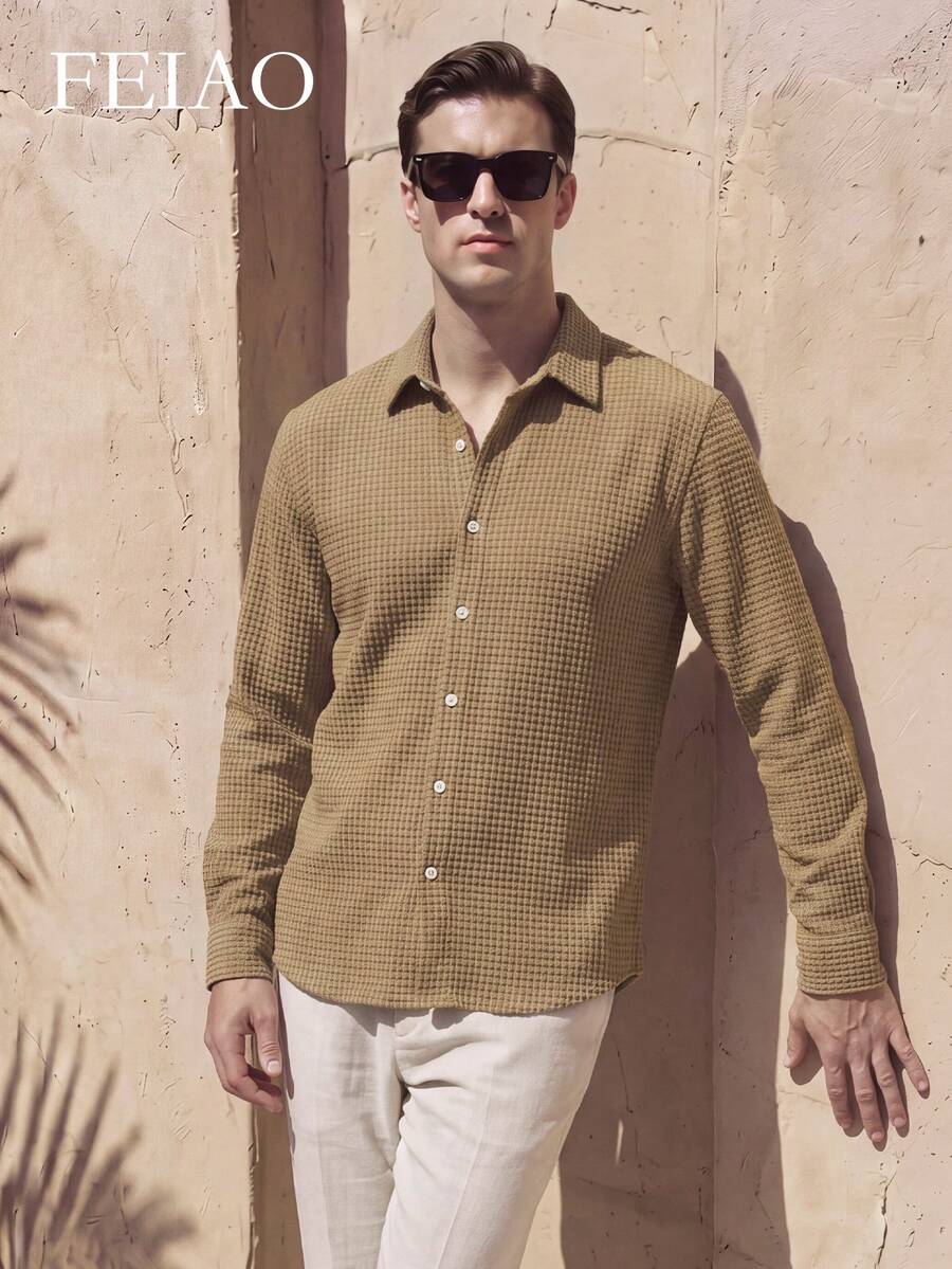 FEIAO Men's American Vintage Old Money Style Classic Corduroy Large Corn Kernel Texture Brown Shirt, Fashionable And Versatile - Khaki - View 1