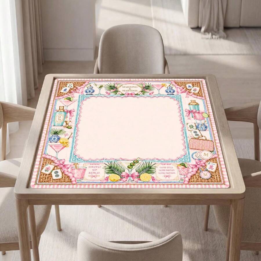 33"X33" Mahjong Mat With Monogram, Mahjong And Martinis Table Mat, Cocktail Mahjong Gift - Multicolor - View 1