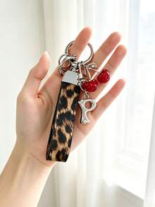 26 Alphabet Car Keychains, Silver Letter Zinc Alloy Accessories, Leopard Print Cherry Pendant, PU Rope Car Lock Key Fob, Car Remote Control Hanging Decoration, Bag Decoration Pendant, Car Key Ring, Key Chain Key Accessories. Holiday Gift, - Letter - View 31