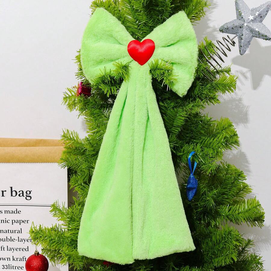Fall-Style Alt Green Heart Bow Hanging Hand Towel, Halloween Christmas Coral Fleece Soft Towel, Home Kitchen Bathroom Towel, Christmas Tree Decor Hanging Ornament - Multicolor - View 1