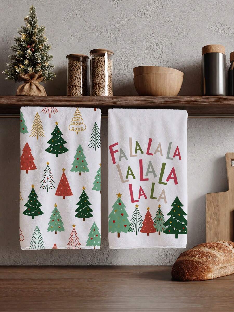 2 buah Handuk Dapur Motif Teks FaLaLa Pohon Natal Kartun Warna-warni, 40*60cm Bahan Mikrofiber Lembut, Cocok untuk Dapur Rumah, Restoran, Berkemah di Luar Ruangan, Pembersih Meja, Lap Piring, Handuk Tangan, Aksesoris Handuk Dapur Tema Natal, Hadiah Liburan - MultiWarna - View 1