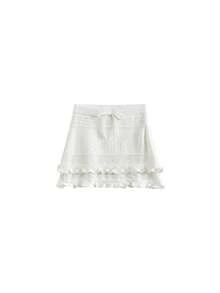 Rok Mini Rajut Gaya Korea untuk Wanita, Desain Baru Musim Gugur/Dingin, Rok A-Line Ramping Pinggang Tinggi dengan Tali Serut dan Hiasan Rumbai - Putih - View 4