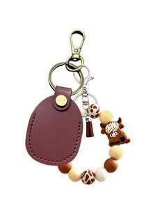 Cute Retro Style Highland Cattle Bead Bracelet PU Leather Keychain, Access Card Holder Tassel Decor Bag, Charm Car Key Ring Gift, Unisex, Daily Essential, Birthday, Ramadan, Christmas Gift - Multicolor - View 13