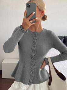 Women's Autumn/Winter Solid Color Frill Trim Cinched Waist Knit Cardigan, Slim Fit A-Line Hem Long Sleeve Base Layer Top - Grey - View 7