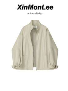 American Retro PU Leather Jacket With Zipper, Casual Elegant College Style For Spring And Autumn, Daily Wear And Vacation - Apricot - View 1