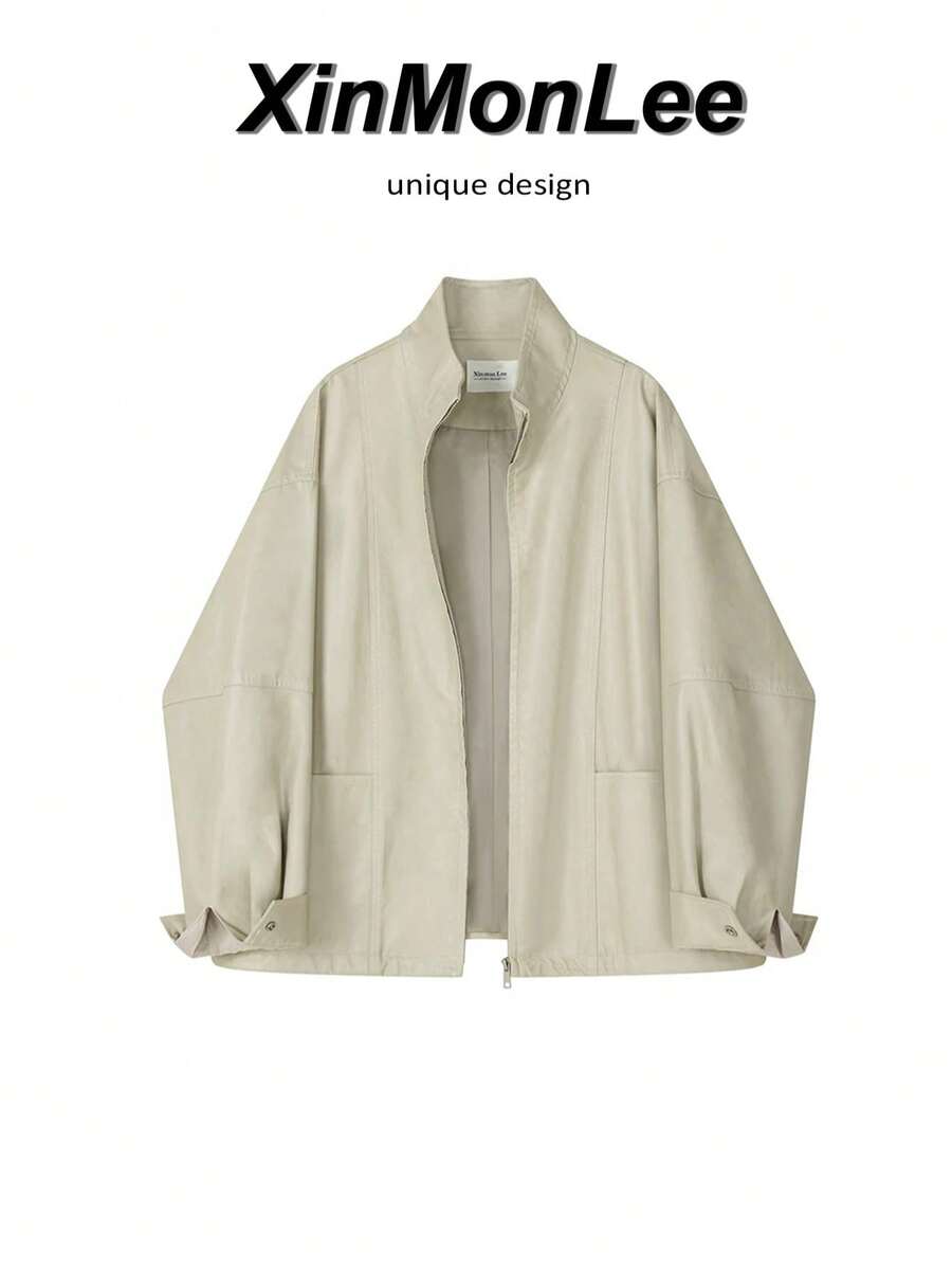 American Retro PU Leather Jacket With Zipper, Casual Elegant College Style For Spring And Autumn, Daily Wear And Vacation - Apricot - View 1