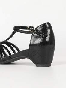 Women's Hollow T-Strap Wedge Sandals, Closed Toe Gladiator Roman Sandals, Ankle Strap Low Heel Fashion Shoes - Black - View 8
