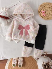 2pcs Baby Girl Cute Bow Embroidery Patchwork Thick Fleece Hooded Sweatshirt & Leggings Set, Thick Style For Autumn/Winter - Black and White - View 2