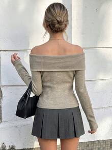 Nicenter Off-Shoulder Knit Top Light Khaki Vintage Women's Autumn Outfit Slim Fit Waist Metal Twist Button Decor Wool Blend Sweater Date Party Night Out - Khaki - View 2