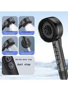 (3pcs Set) Home Pressurized Shower Head, 4-Way Adjustable, 1.5m Stainless Steel Hose, Drill-Free ABS Shower Bracket With Hook For Hanging Bath Sponge, Bathroom Accessories Or Bathing Tools - Black - View 7