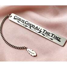 1PC Inspirational English Engraved Stainless Steel Bookmark "God Is Good All The Time" Feather Pendant Reading Marker - D - View 2