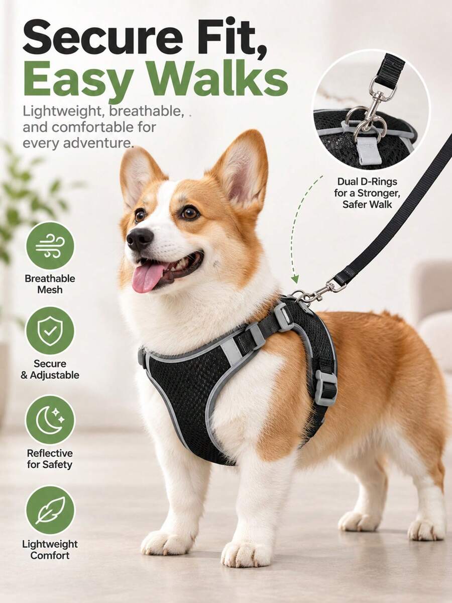 1 Set Harness & Tali Anjing Mesh Bernapas, Rompi Harness Hewan Peliharaan Lembut dengan Strip Reflektif yang Dapat Disesuaikan, Harness Jalan Ringan Anti-Lepas, Cocok untuk Anjing Sedang & Kecil untuk Perjalanan Harian Luar Ruangan Perlengkapan Hewan Peliharaan - Biru - View 1