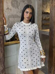 Women's Autumn Set, Elegant Polka Dot Multicolor Long Sleeve Round Neck Ruffle Hem Sweater Dress, Suitable For Outings And Birthday Wear - Multicolor - View 8