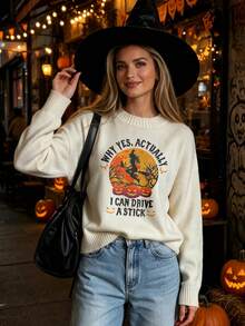 LOVE JOYY Women Fall Winter Off White Crew Neck Knit Sweater, Halloween Witch Pumpkin Letter Print, Drop Shoulder Loose Long Sleeve Pullover - Apricot - View 1