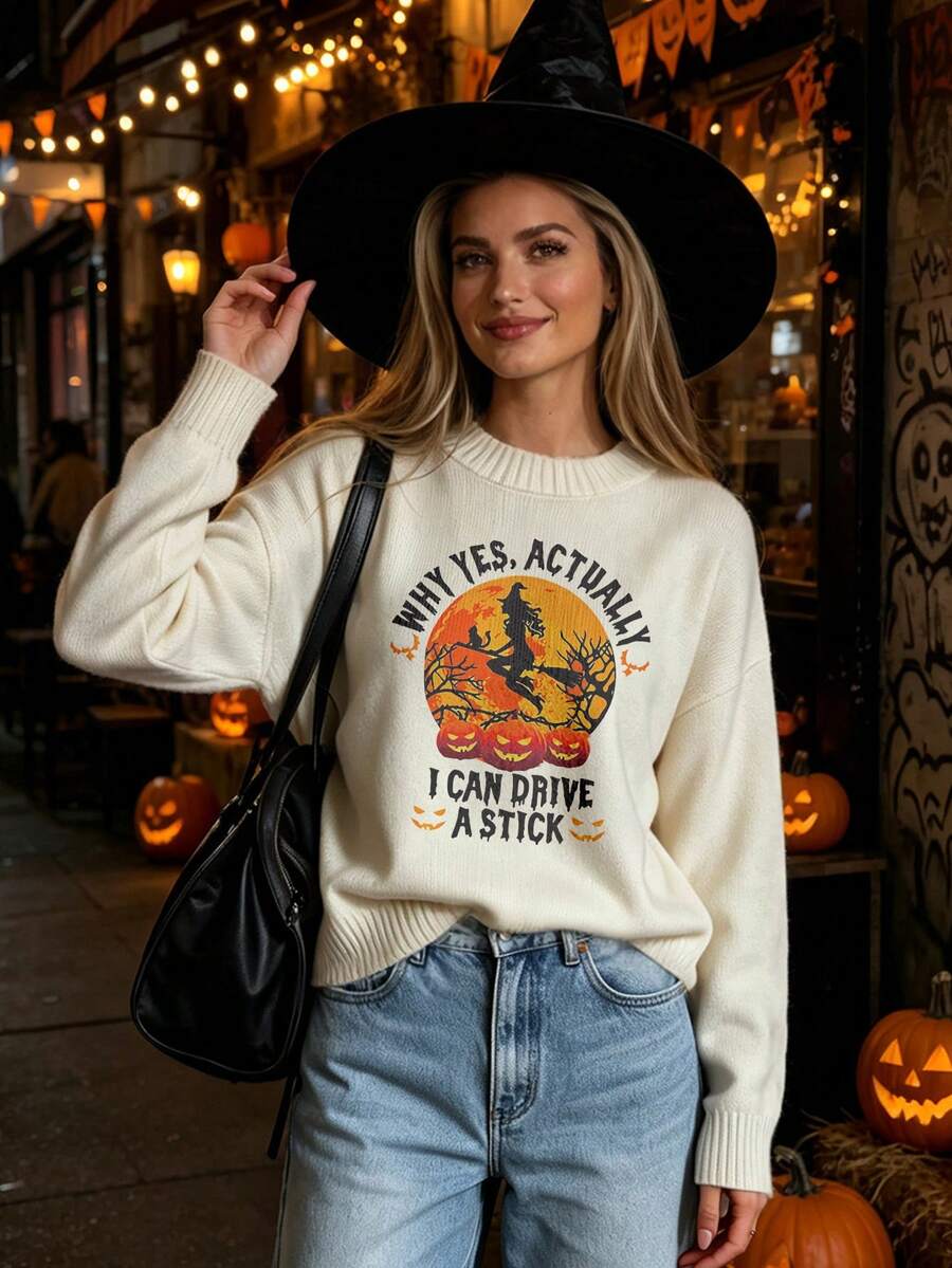 LOVE JOYY Women Fall Winter Off White Crew Neck Knit Sweater, Halloween Witch Pumpkin Letter Print, Drop Shoulder Loose Long Sleeve Pullover - Apricot - View 1