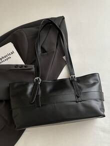 Women's Vintage Buckle Tote Bag, Faux Leather Large Capacity Shoulder Handbag, Adjustable Strap, Suitable For Daily Commute, Business Travel And Casual Use - Black - View 5
