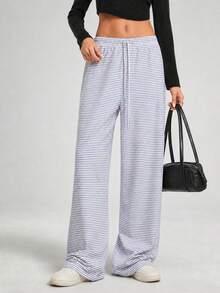 Women's Striped Wide Leg Pants, Blue And White Striped Drawstring Elastic Waistband, Casual Loose Straight Leg Long Pants - Blue - View 6