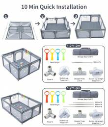 YAZOCO Light Grey Baby Playpen, Play Enclosure With Pull‑Ring & Ball Pit. Spacious Barrier For Toddlers & Infants - Grey - View 2