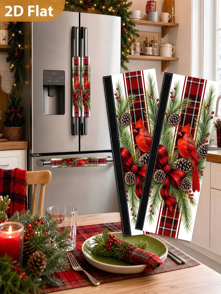 1/2 Buah Penutup Gagang Kulkas Natal, Motif Cardinal, Berry, Kotak-kotak Hitam & Merah, Dengan Perekat Velcro, Cocok Untuk Kulkas, Oven, Microwave, Mesin Pencuci Piring, Dekorasi Dapur Liburan Natal - View 1