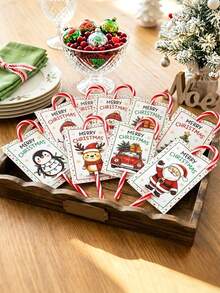 48pcs Christmas Candy Cane Gift Cards With Bow, Santa Claus Penguin Reindeer Snowman Pattern Candy Cane Holder Labels, Christmas Gift Packaging, Merry Christmas Labels, Baby Shower Christmas Party Favors, Christmas Decorations, Home Decor, Merry Christmas Gifts, Christmas Baby Party Supplies - Multicolor - View 9