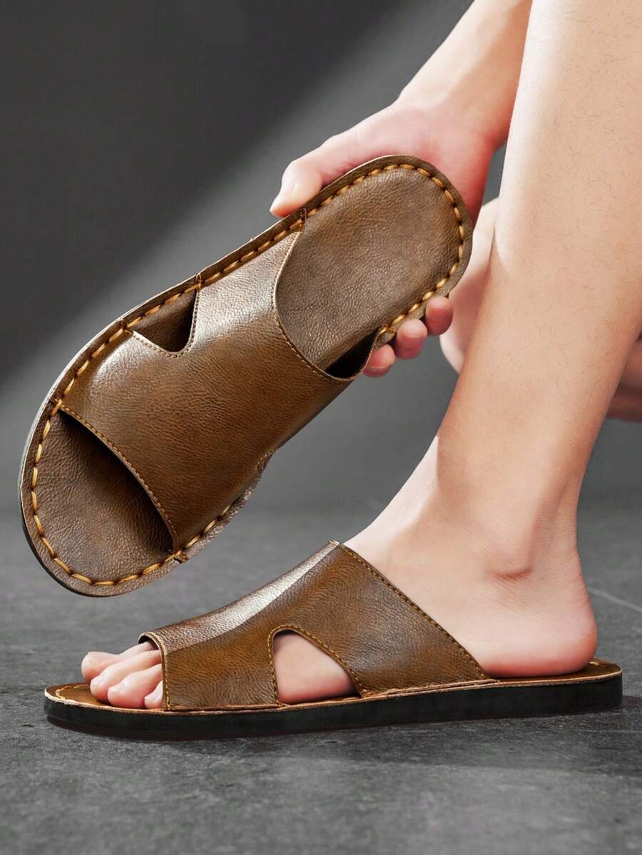 Men's Hollow Out Strap Slides, Vintage Sturdy Stitching Lightweight Flat Bottom, Casual Sandals For Shopping Beach Travel Daily Wear - Brown - View 1